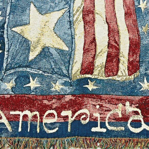 VTG Tapestry American Flag throw Lap Blanket Patriotic Fringed 70in x 50in - Picture 6 of 12